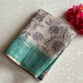 Ecru Beige & Sea Green Soft Tussar Silk Saree With Floral Weave