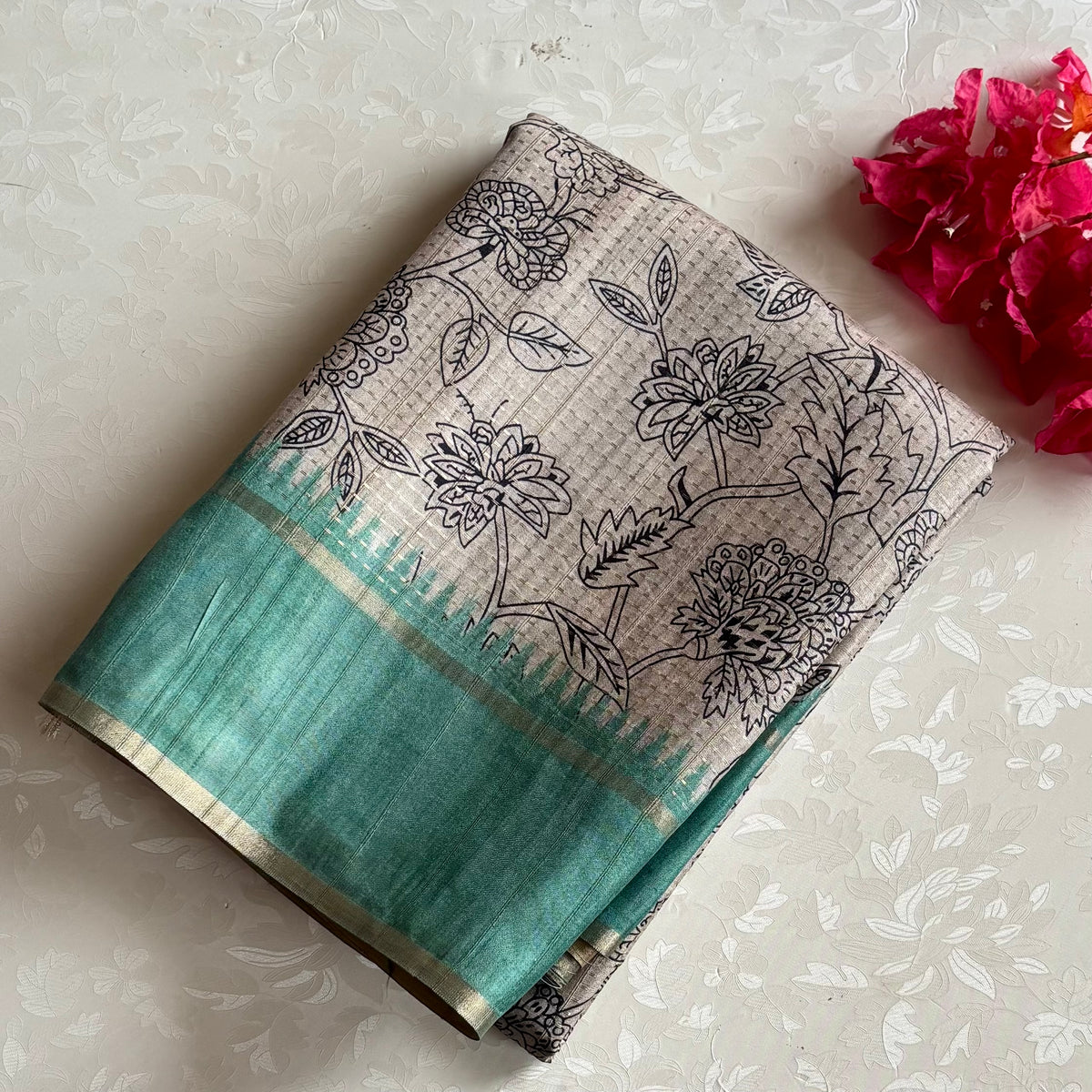 Ecru Beige & Sea Green Soft Tussar Silk Saree With Floral Weave