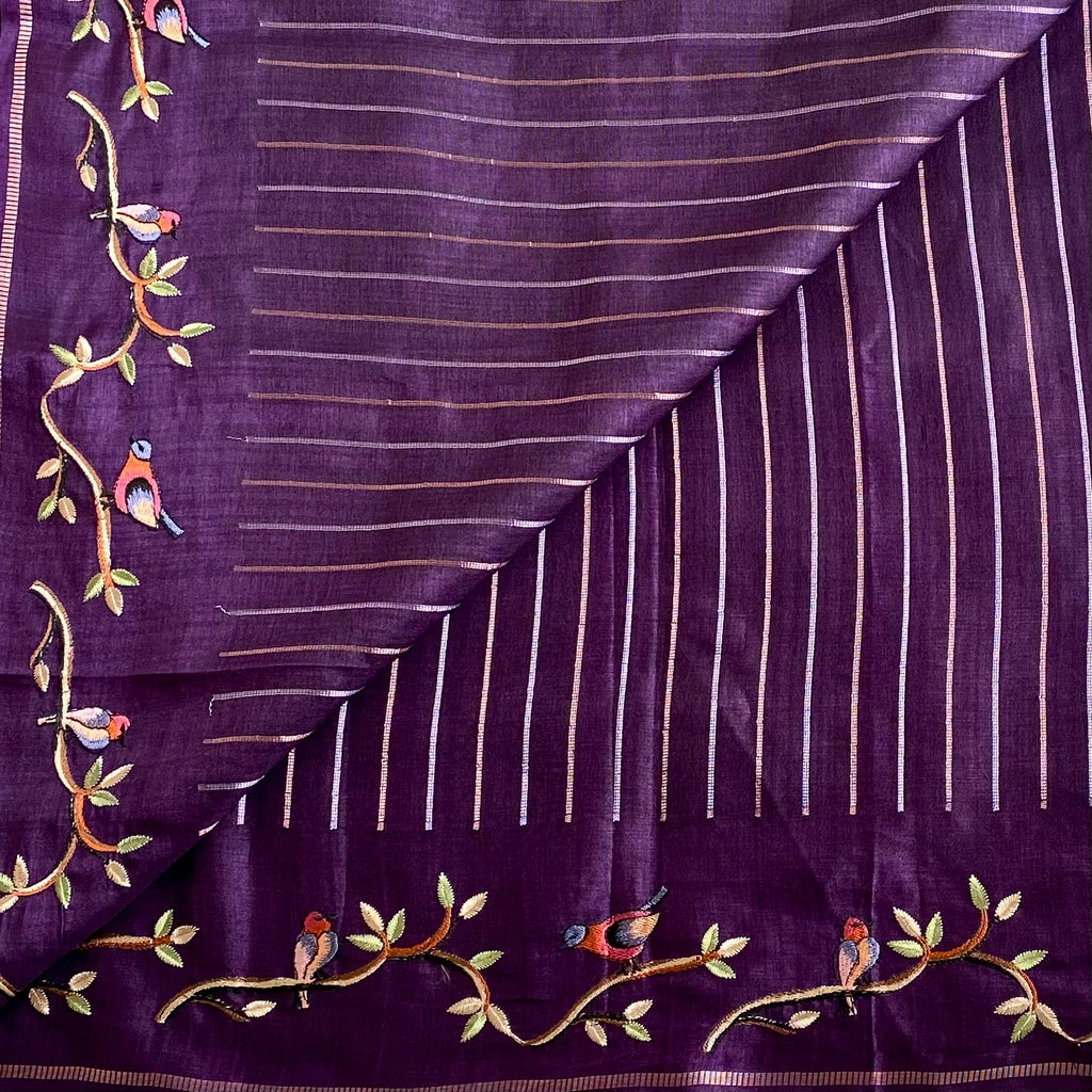 Deep Purple Soft Tussar With Designer Embroidered Borders