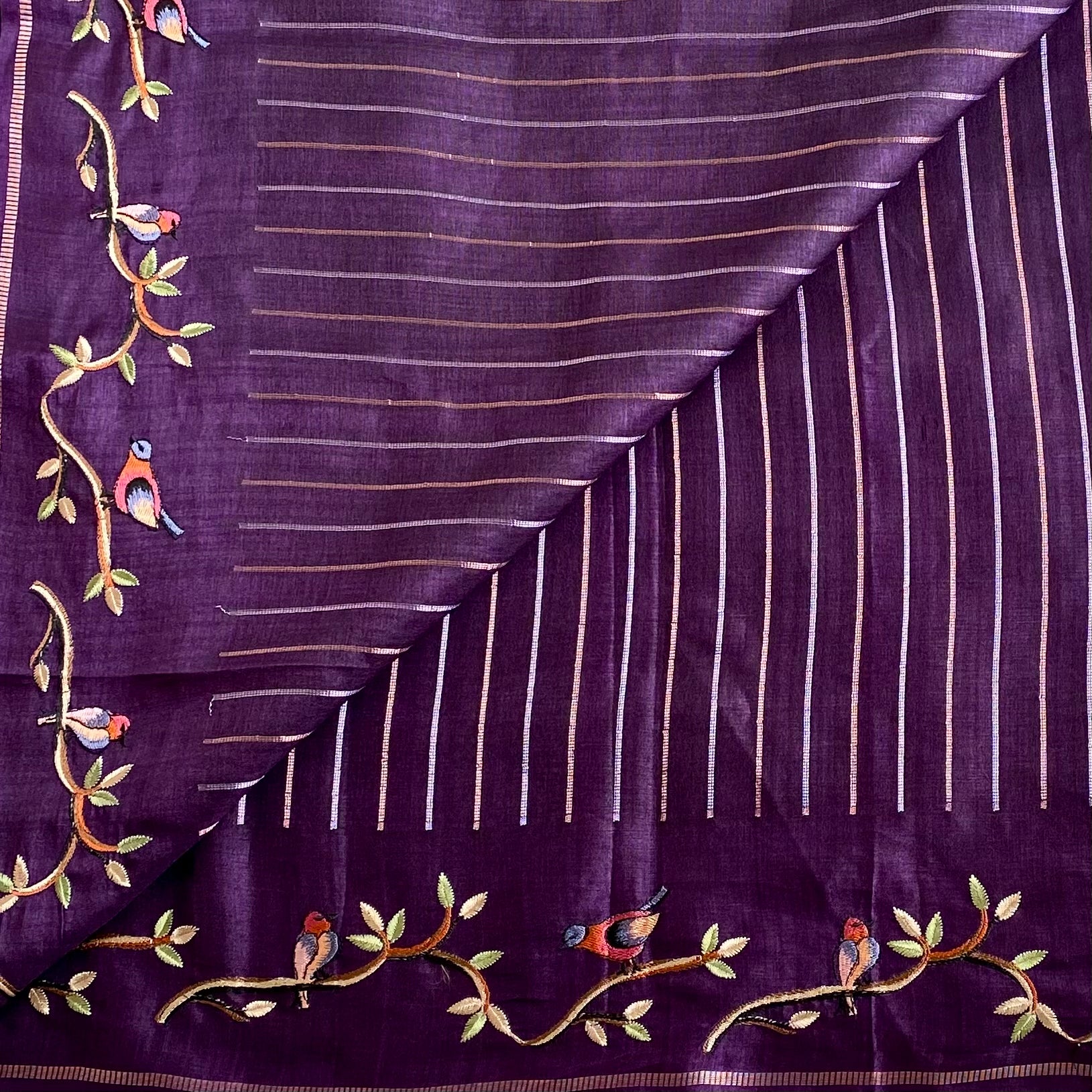 Deep Purple Soft Tussar With Designer Embroidered Borders