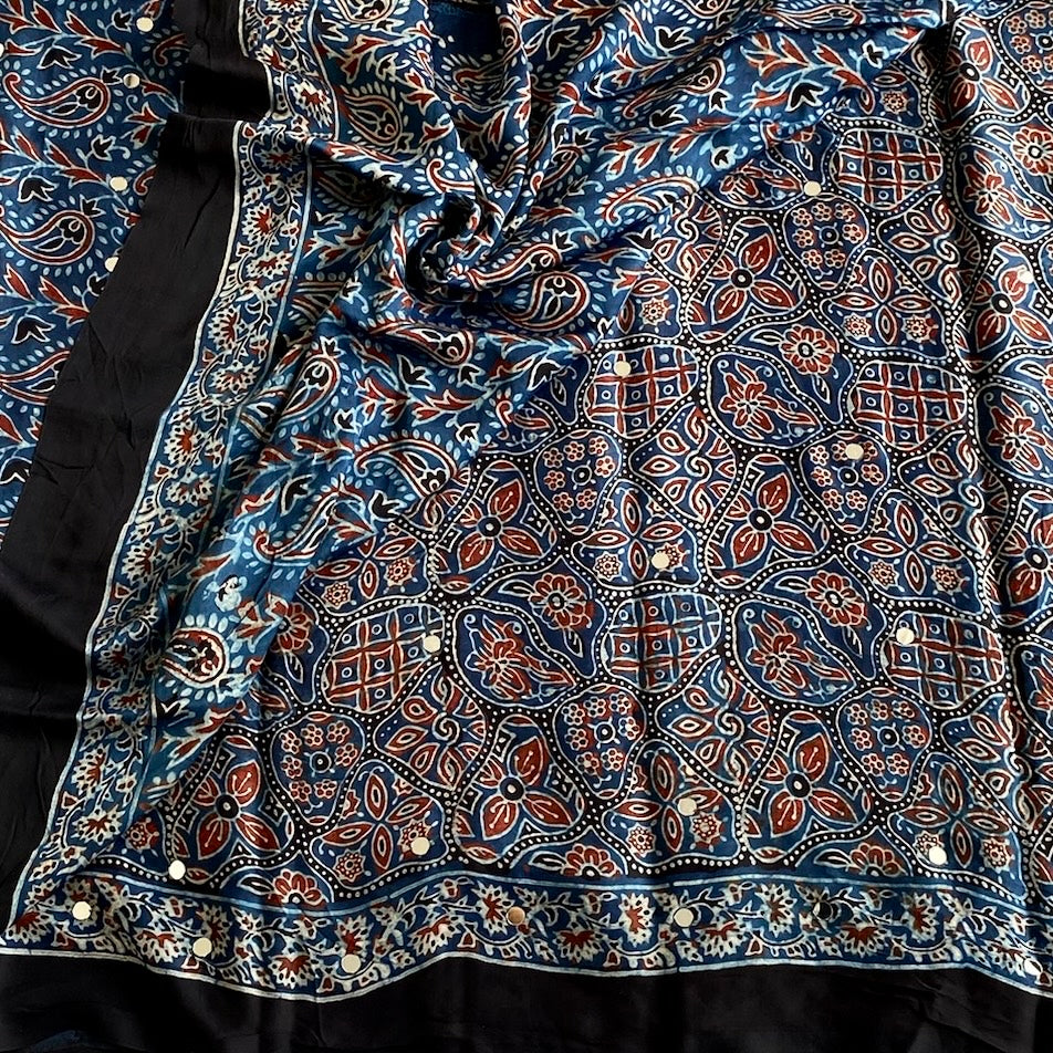Indigo Blue AJRAKH HANDBLOCK PRINTED SILK Saree With Rust Red Paisley