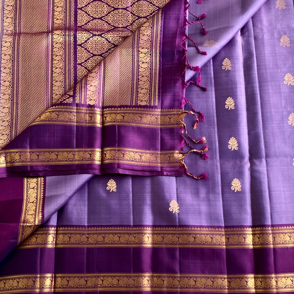 Metallic Lavender Designer Pure Silk Saree With Violet Purple Pallu