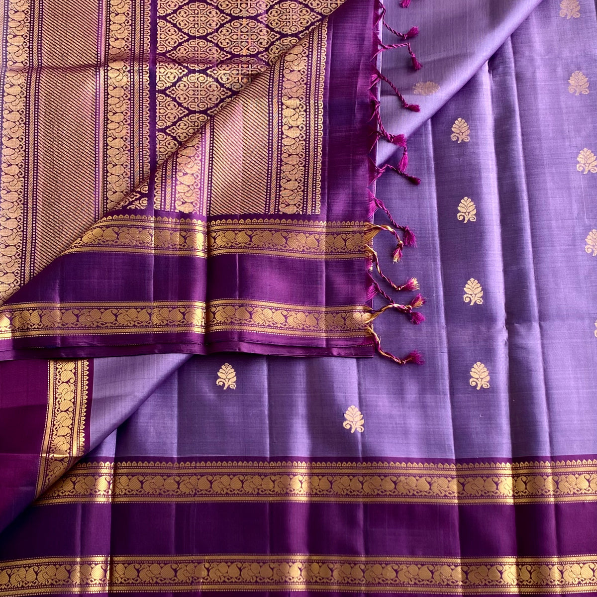 Metallic Lavender Designer Pure Silk Saree With Violet Purple Pallu
