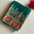 Deep Teal Blue Soft Tussar Silk Saree With Magenta Pallu And Gold Borders