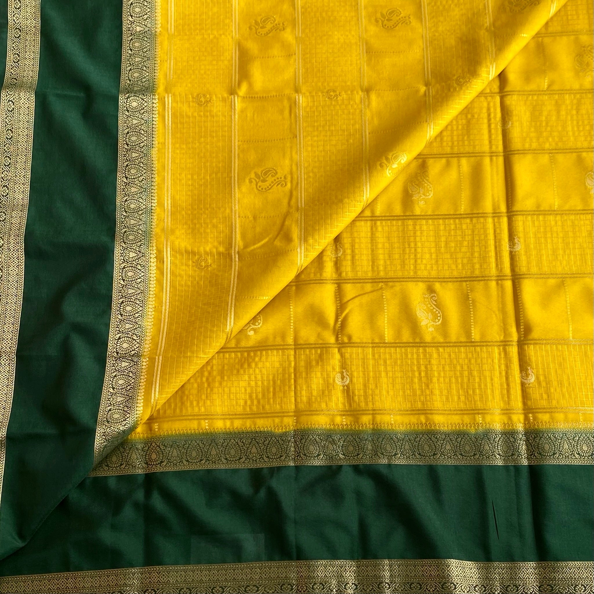 Lovely Mango Yellow Soft Crepe Checkered Silk With Bottle Green Contrast