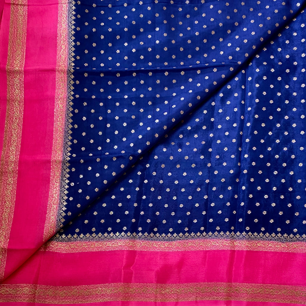 Royal Blue Fuchsia Pink Woven Saree Gold Zari Buti Border