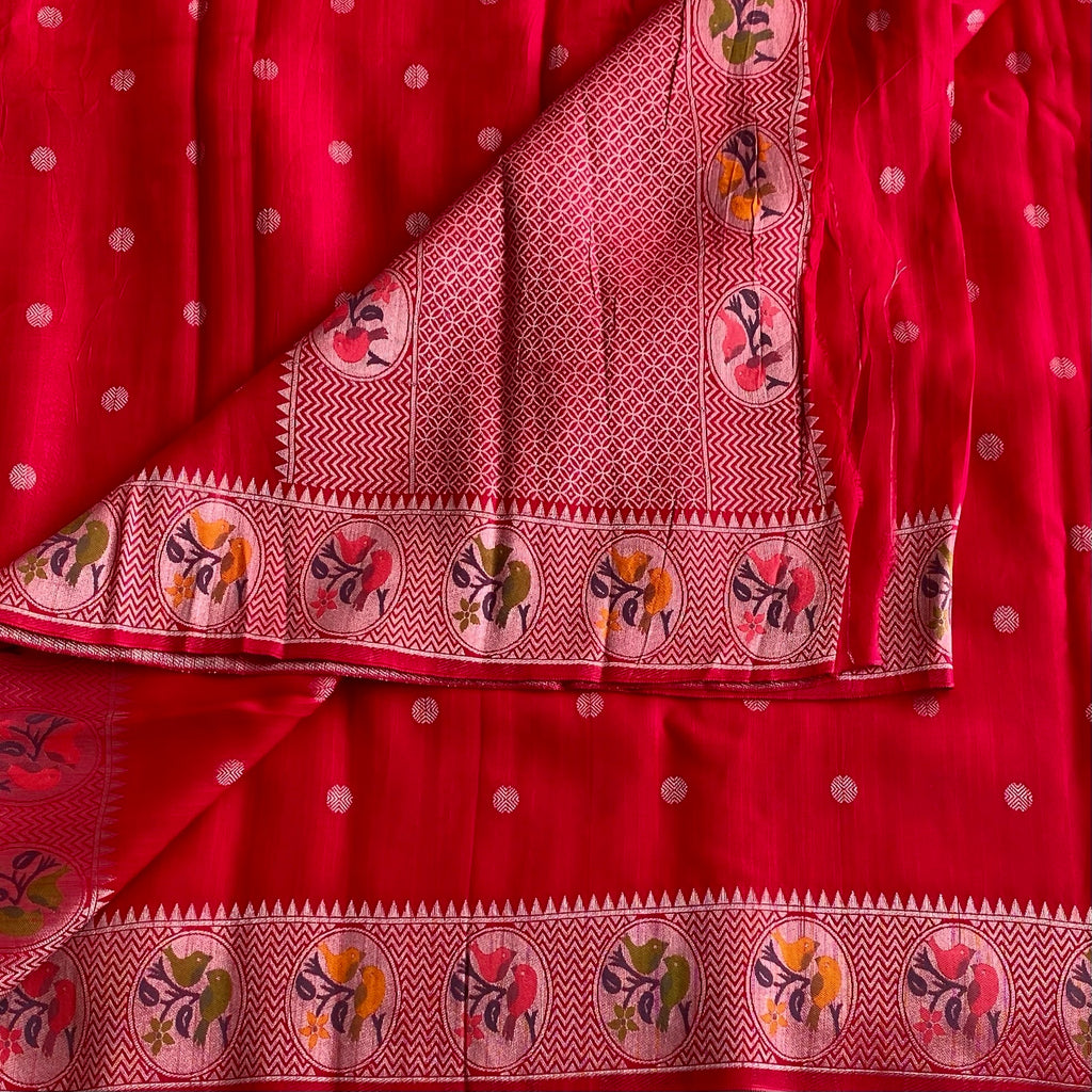 Tomato Red Soft Tussar Silk Saree With Mustard Yellow Border