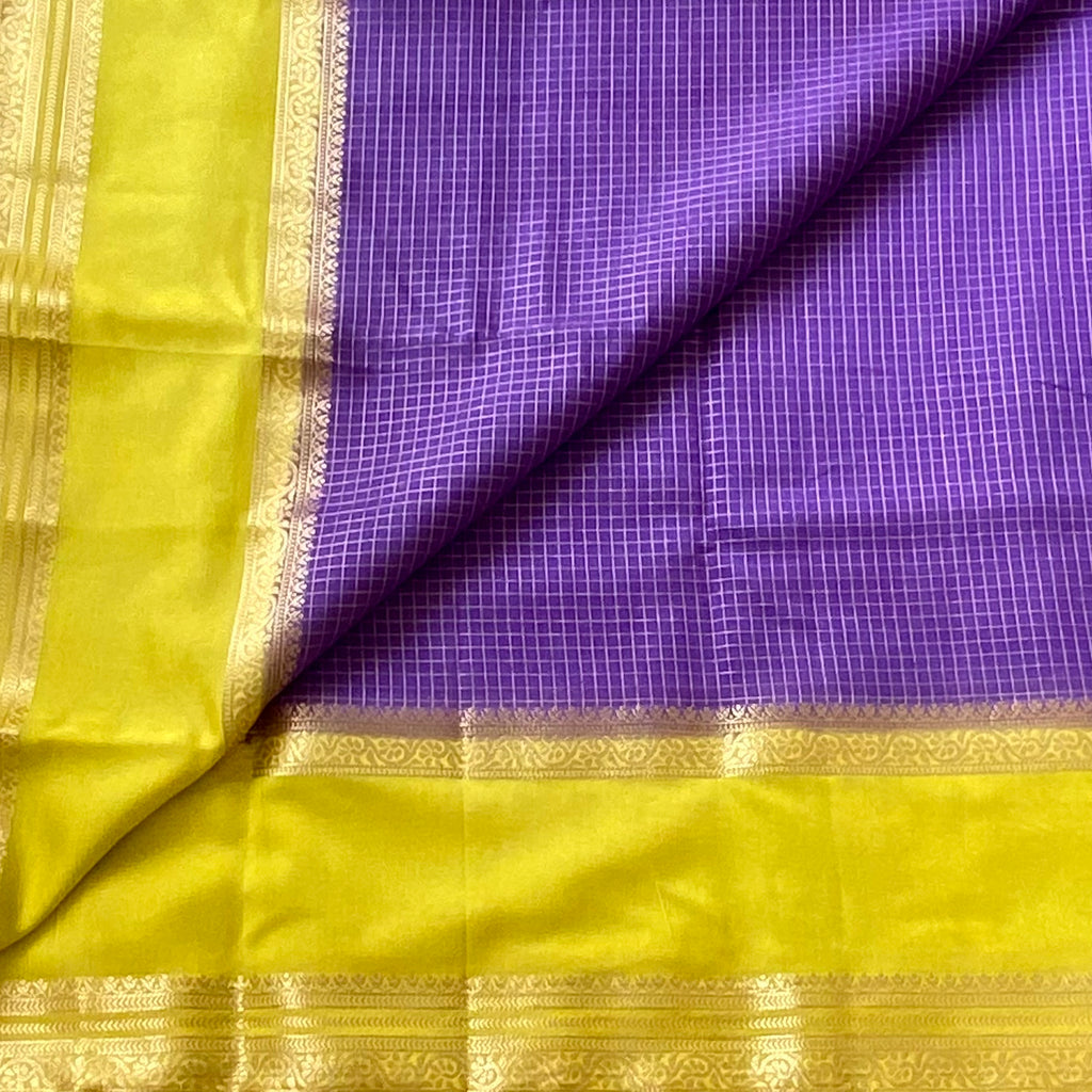Purple line green checkered soft crepe silk with double borders
