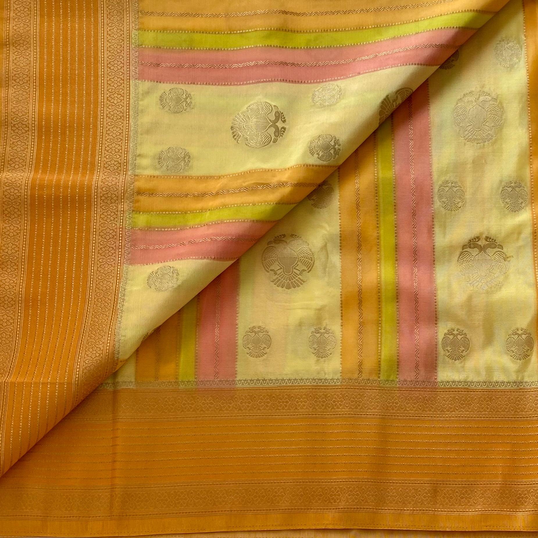Summer Elegance in Yellow with Sunset Orange Soft Crepe Silk