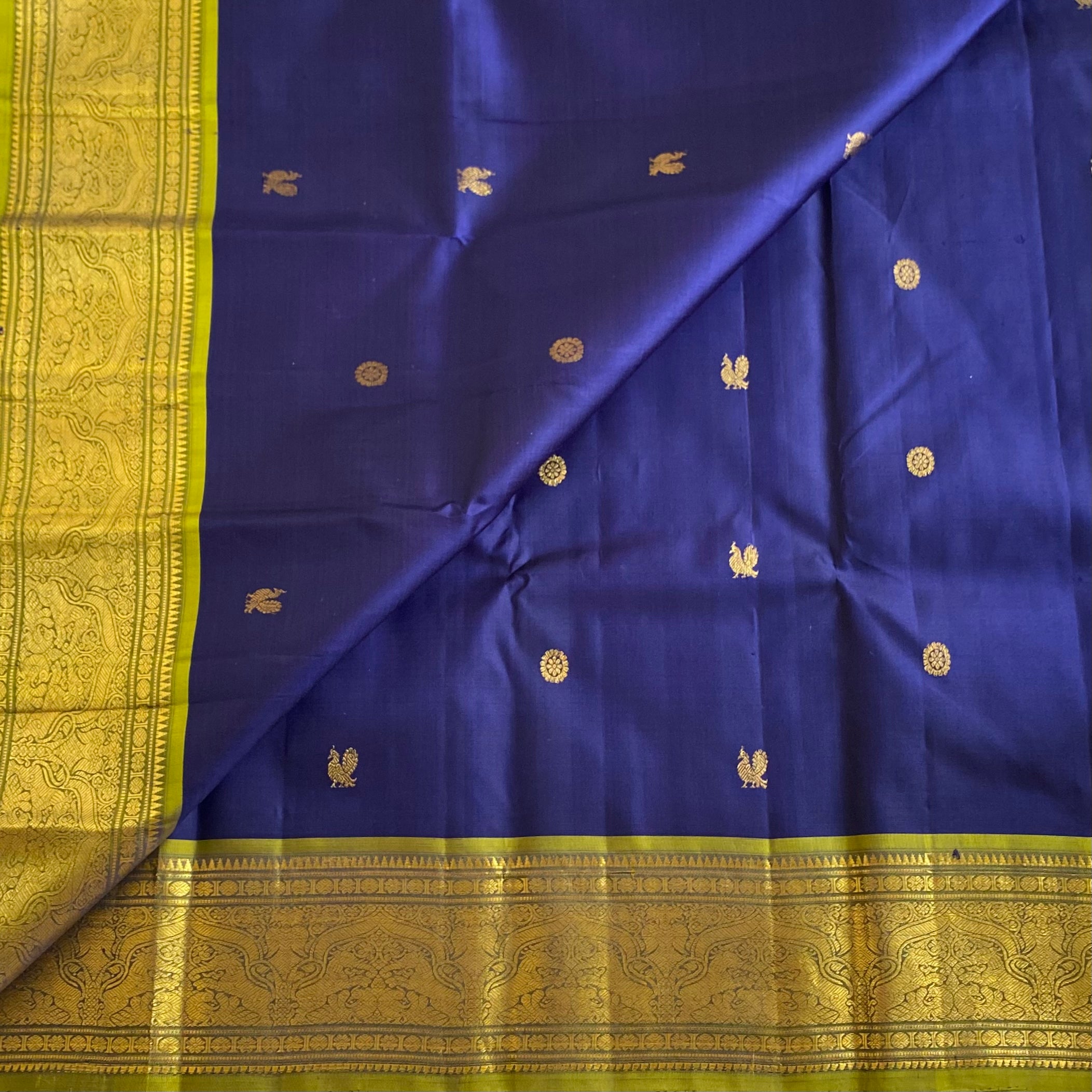 Royal Blue Kanjeevaram Pure Zari Silk Saree With Perfect Olive Pallu