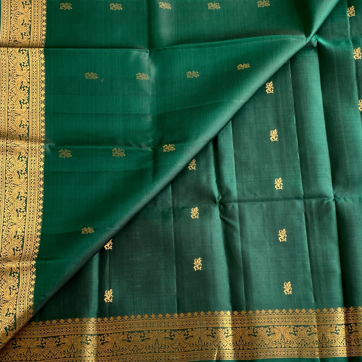 Deep Teal Green Designer Pure Silk Saree With Antique Gold Pallu