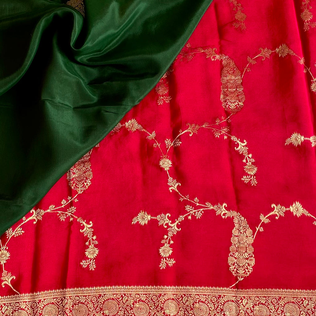 Scarlet Red Soft Crepe Silk Saree With Antique Gold Brocade Border