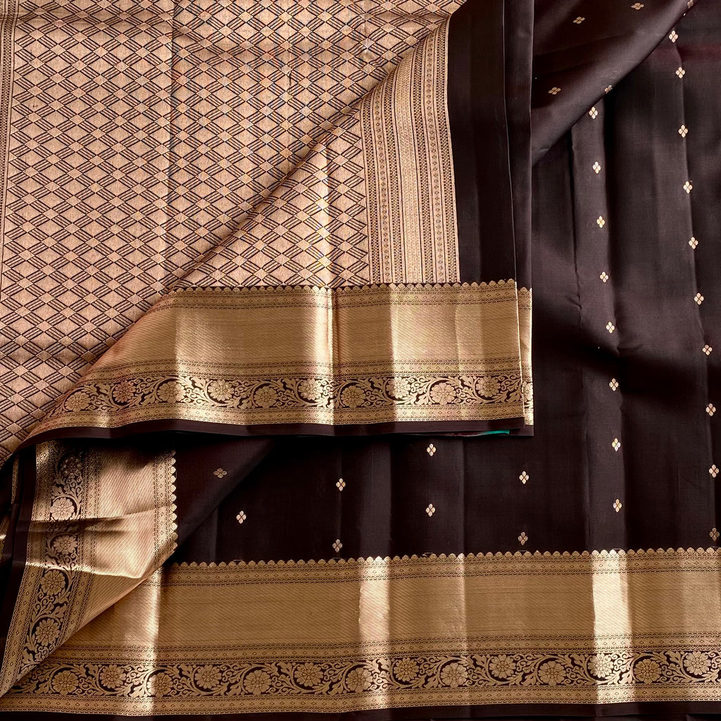 Dark Chocolate Designer Pure Silk With Antique Gold Borders