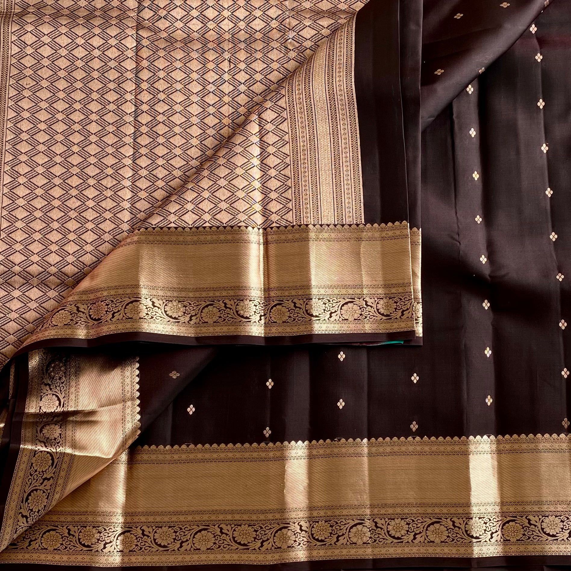 Dark Chocolate Designer Pure Silk With Antique Gold Borders