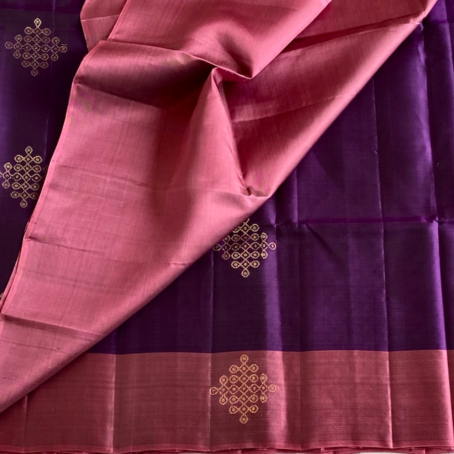 Rich Purple Designer Pure Silk With Onion Pink Pallu & Kollam Zari