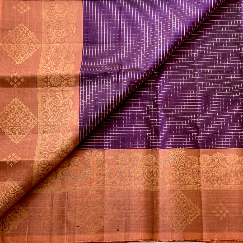 Deep Purple Silk Saree Copper Orange Zari Pallu Traditional Border