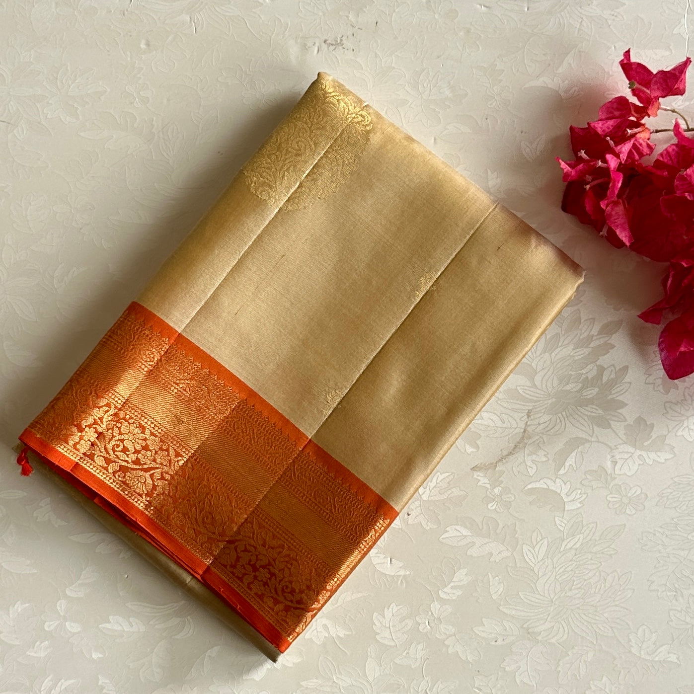 Champagne Gold Designer Pure Silk Saree With Saffron Orange Pallu