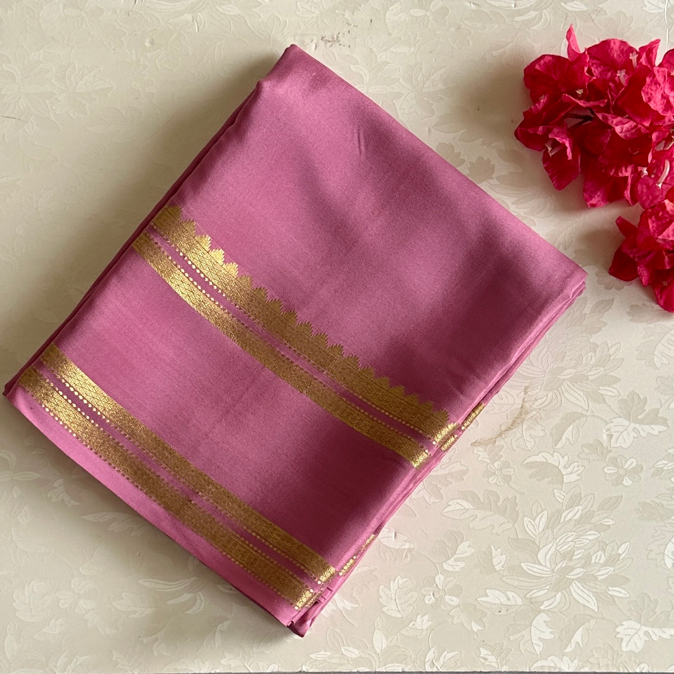 Rose Mysore Crepe Silk Saree With Antique Gold Zari Border