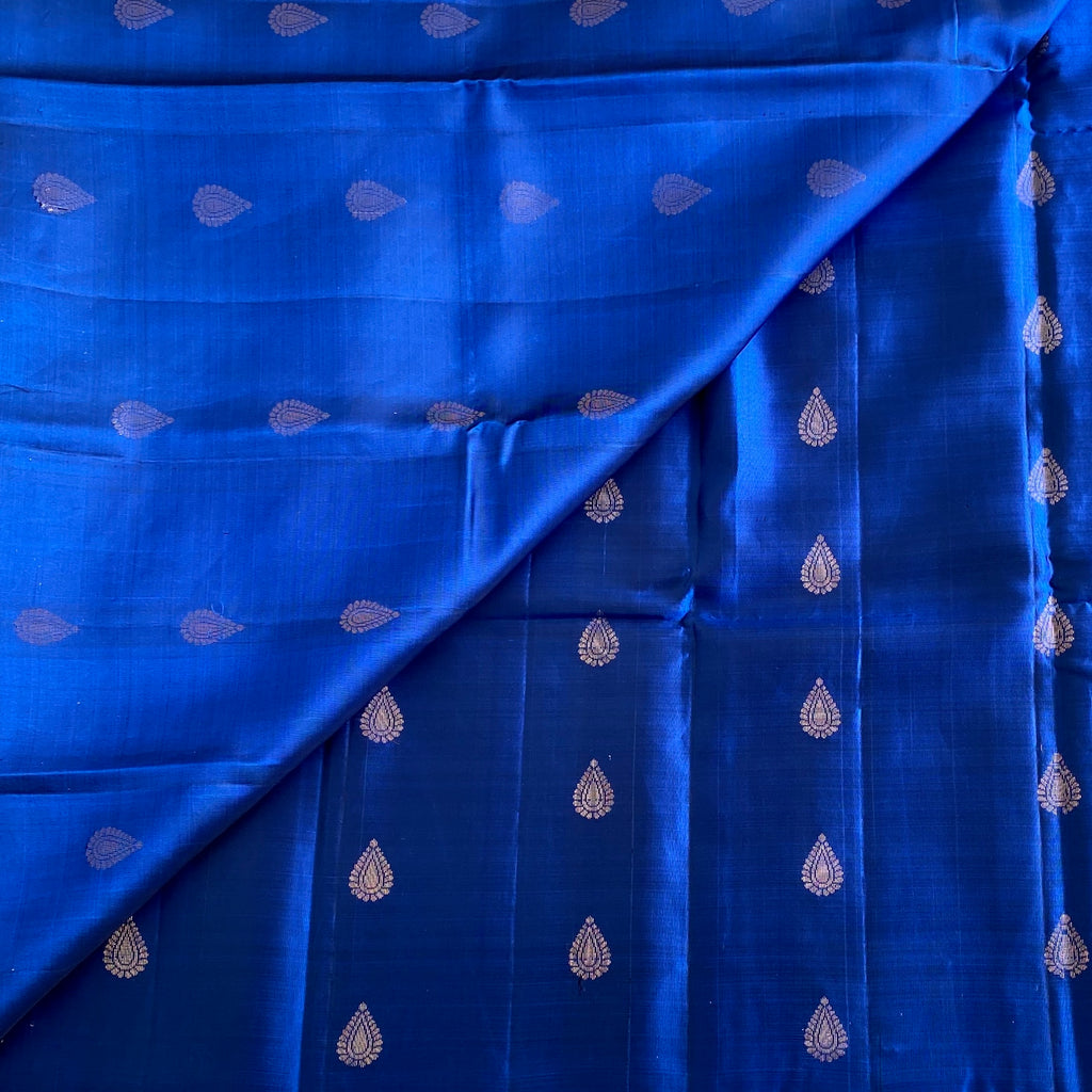Royal Blue Designer Pure Silk Saree With Crimson Orange Pallu