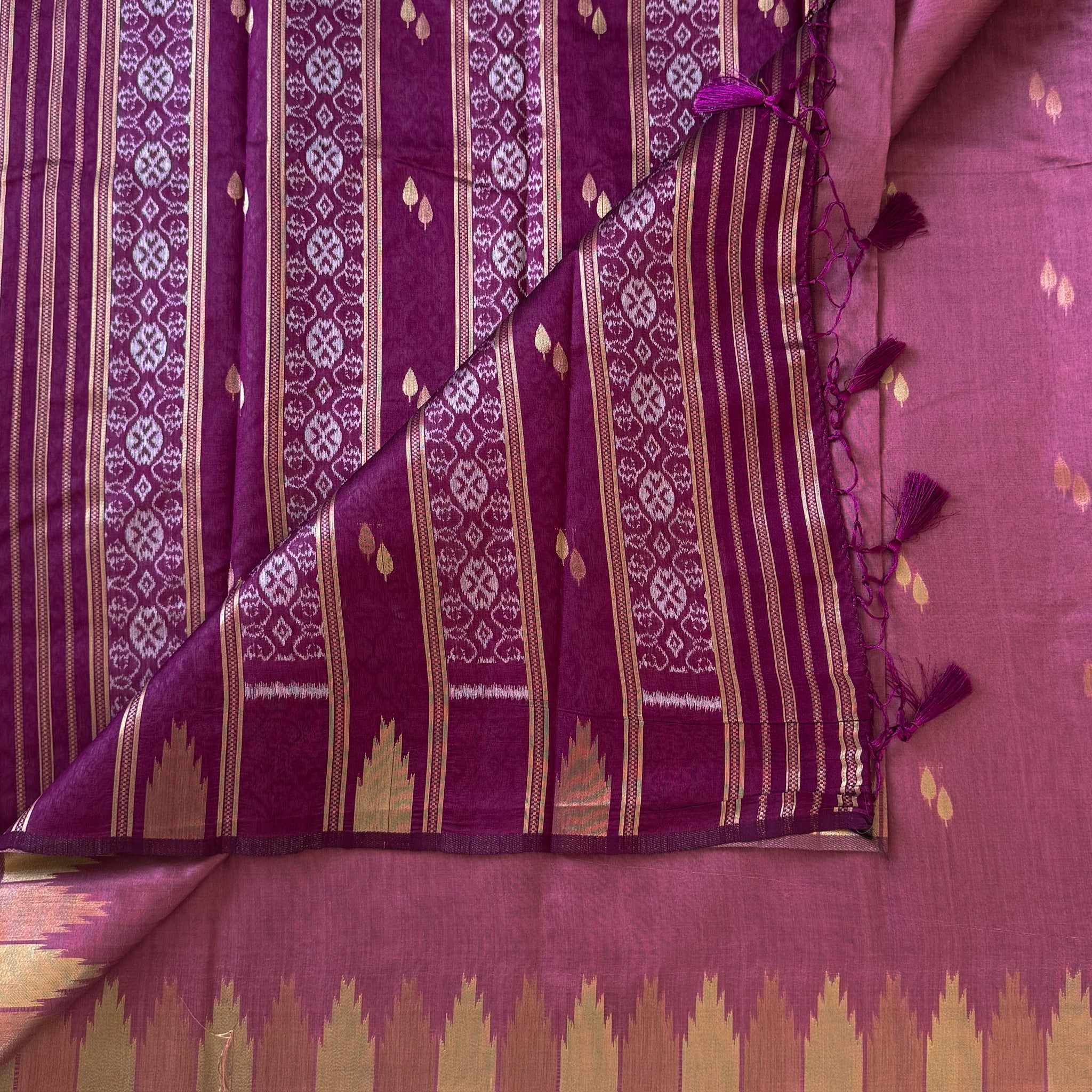 Deep Magenta Ikat Silk Saree With Gold Zari Border Tassels