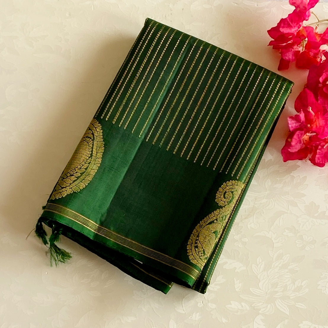 Magical Dual Shaded Emerald Green Designer Pure Silk with Zari Woven Stripes & Rich Pallu