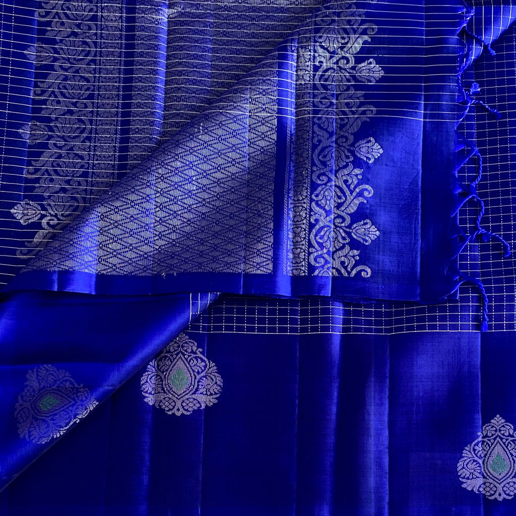 Cobalt Blue Designer Pure Silk Saree With Silver Zari Pallu