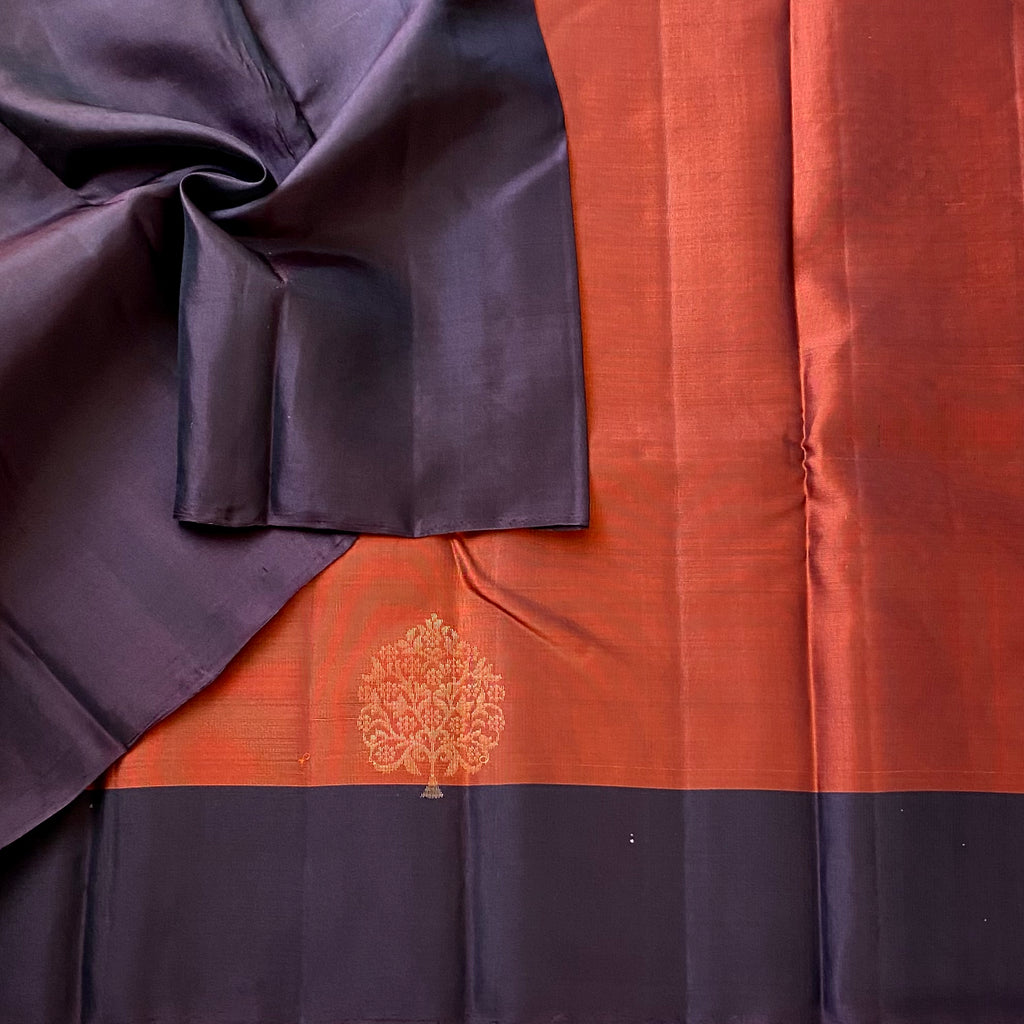 Deep Indigo Rust Orange Silk Saree Antique Gold Zari Border