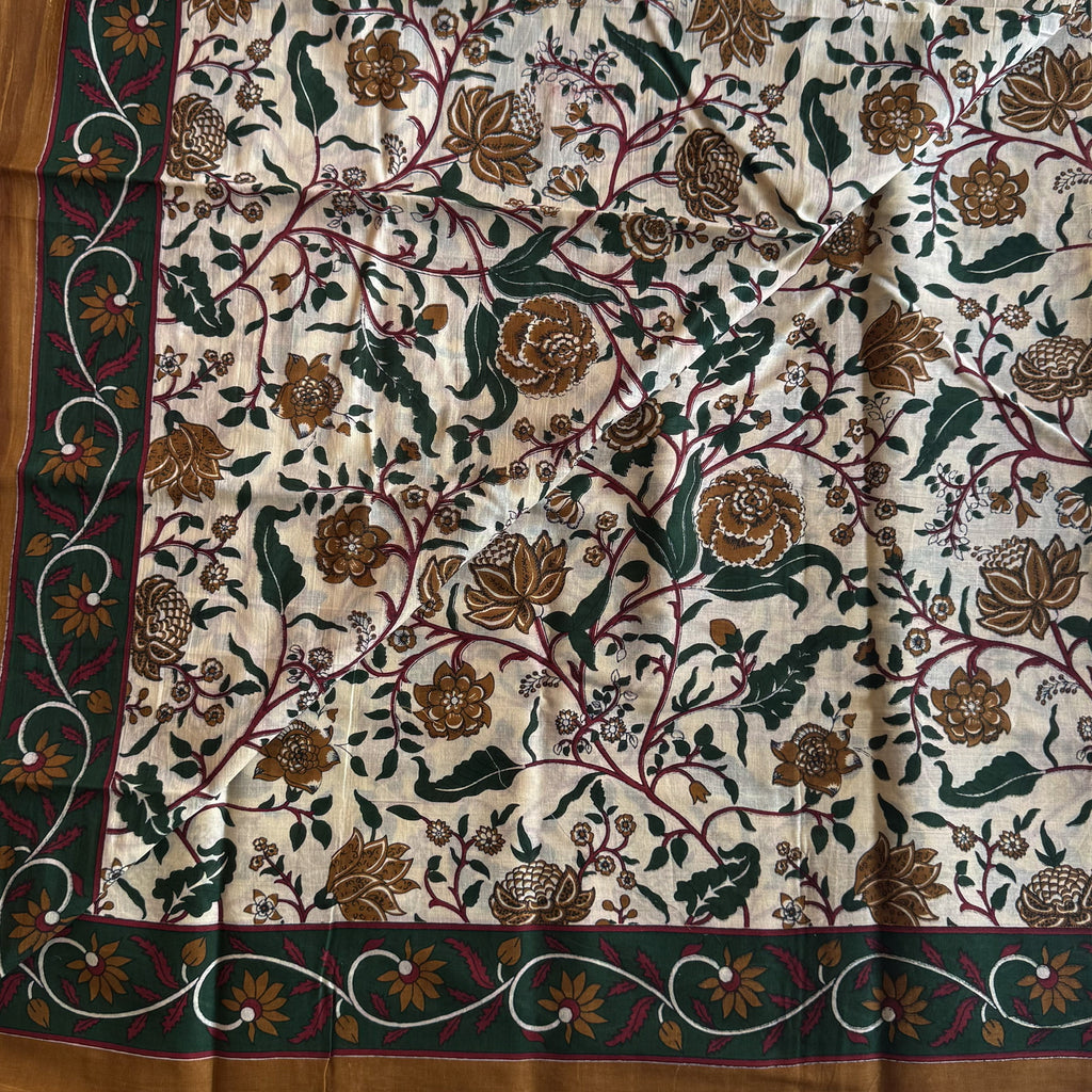 Ivory Mustard Green Floral Border Cotton Saree Traditional Ethnic Wear