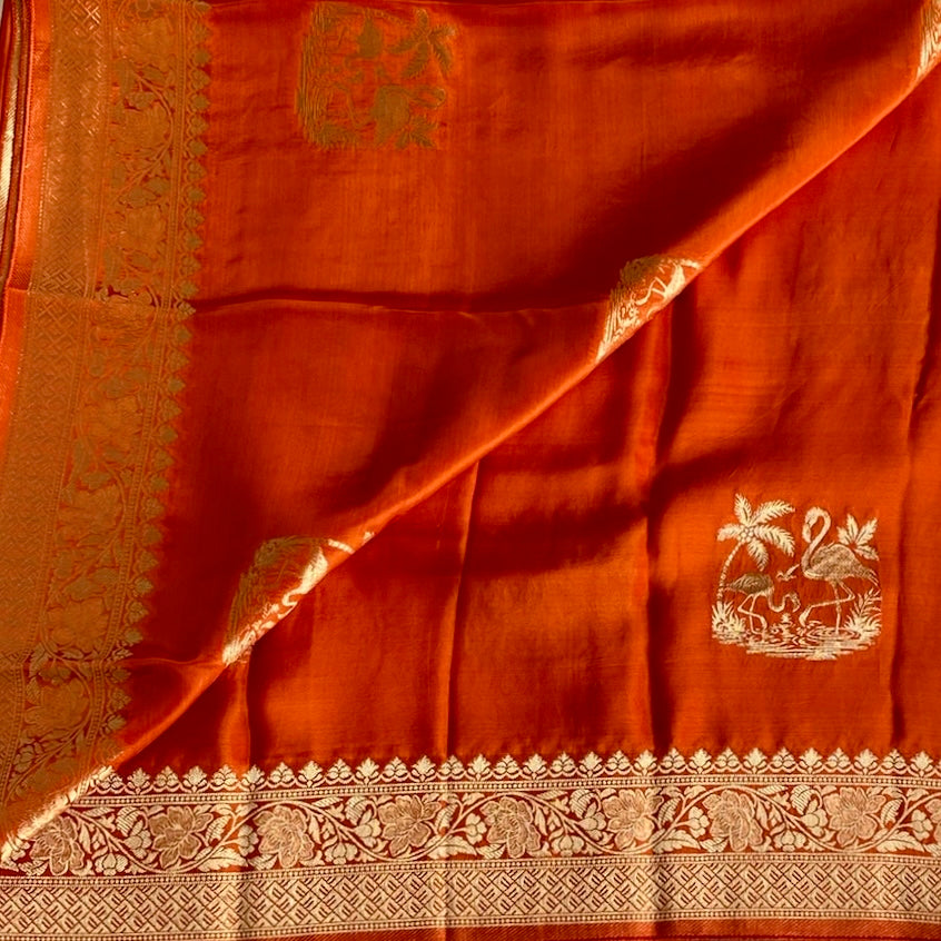 Burnt Orange Soft Crepe Silk Saree With Metallic Gold Pallu