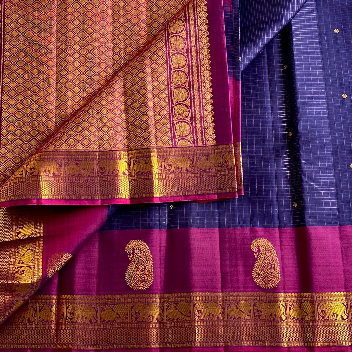 Indigo Navy Kanjeevaram Pure Zari Checkered Silk Saree With Deep Magenta Pallu