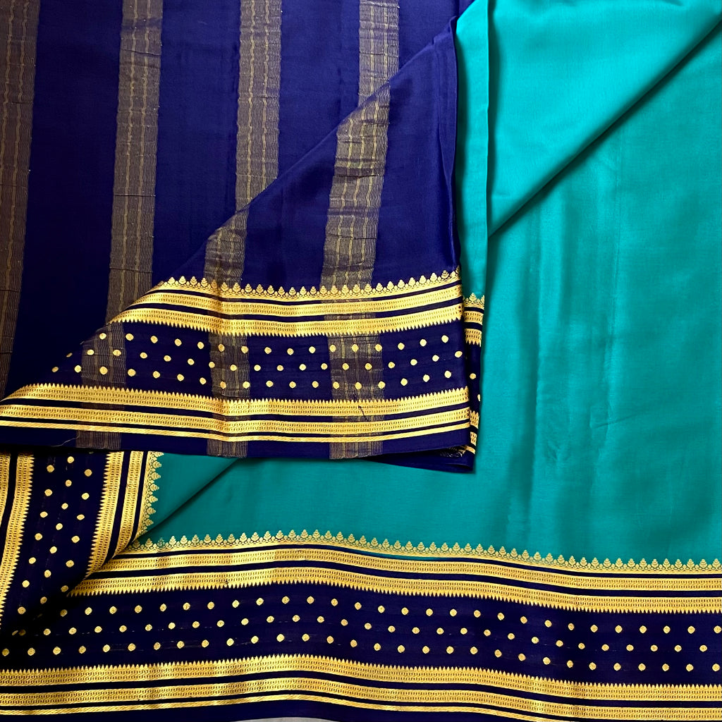 Royal Rare Teal with Midnight Navy butta border pure Mysore silk