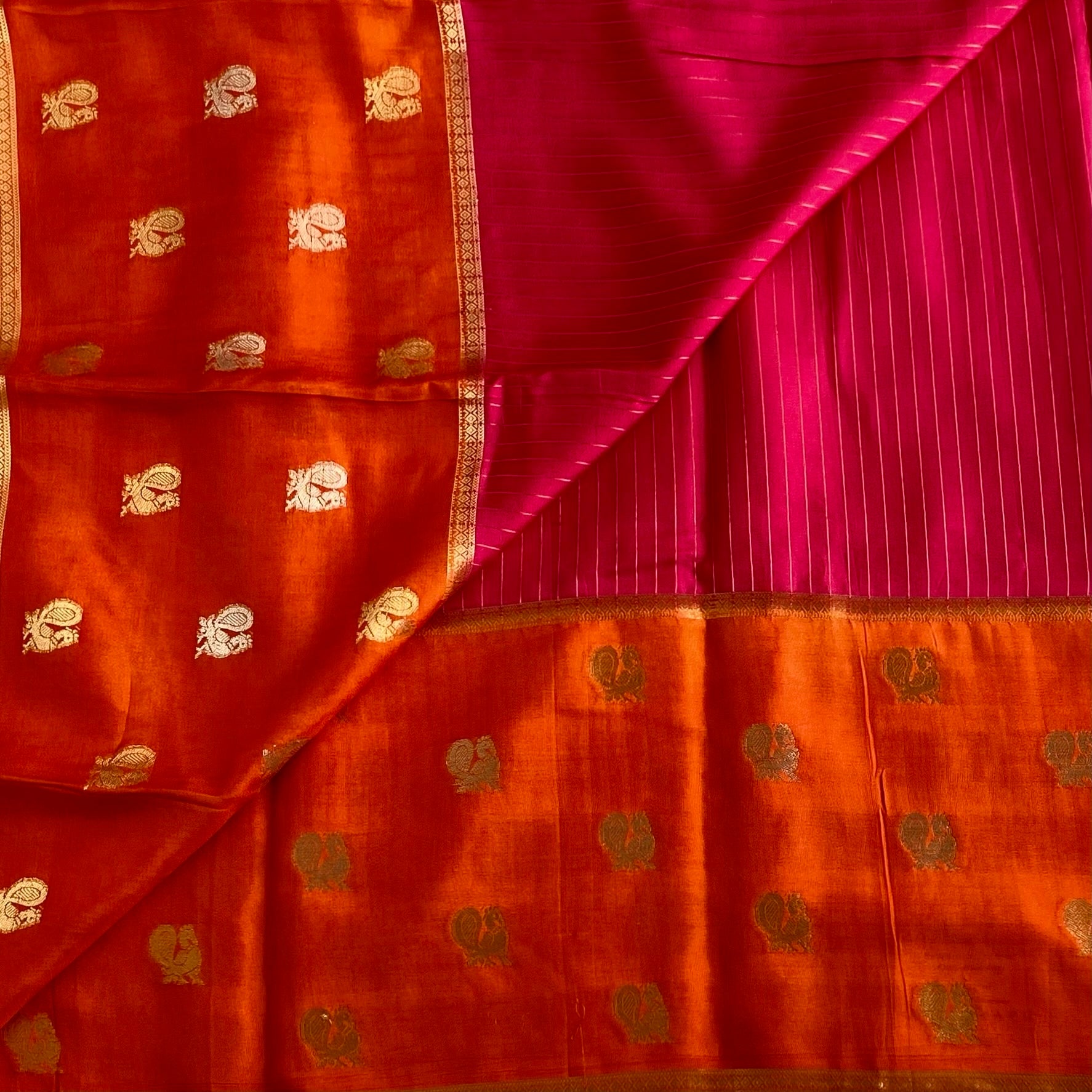 Rani Pink Soft Crepe Silk with Peacock Borders in Sunset Orange Contrast