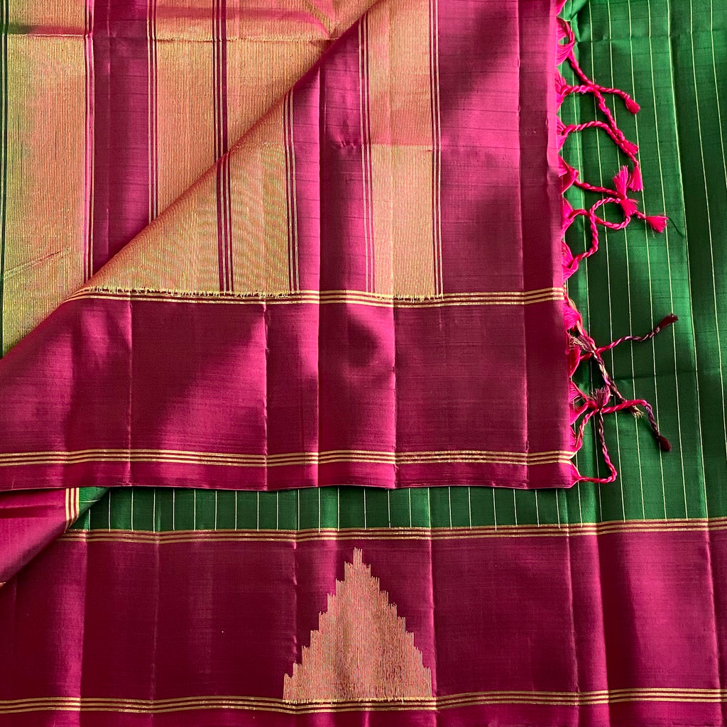 Deep Emerald Green And Magenta Designer Pure Silk Saree
