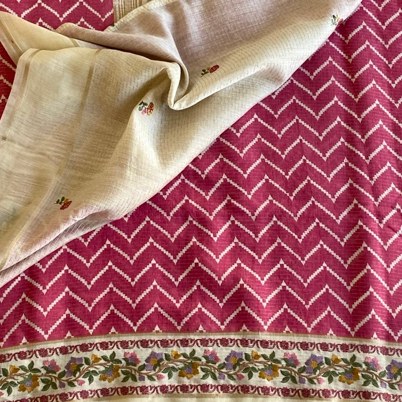 Rani Pink Soft Tussar Silk Saree With Ivory Cream Pallu Embroidered Borders