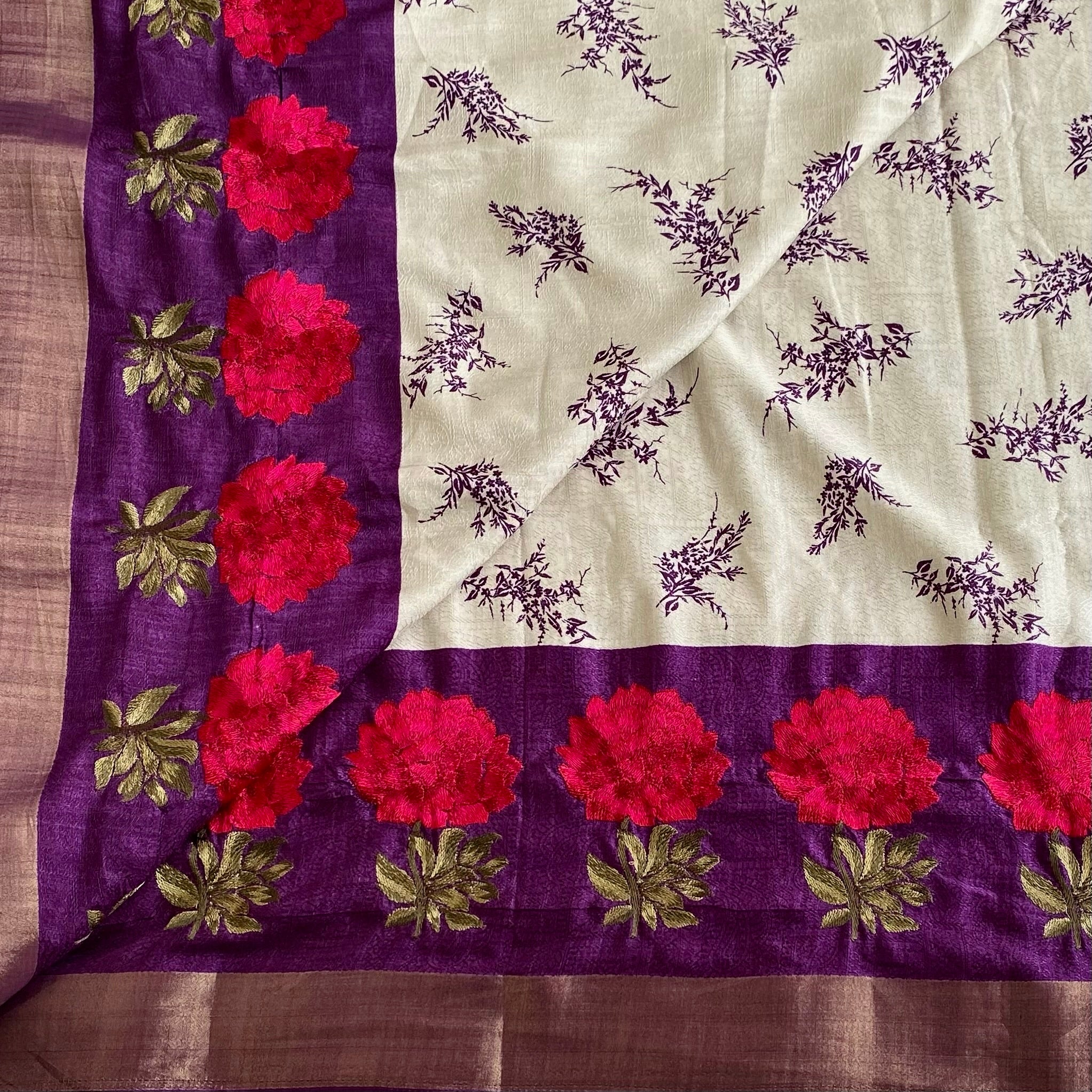Ivory Soft Tussar Silk Saree With Royal Purple Pallu Embroidered Blooms