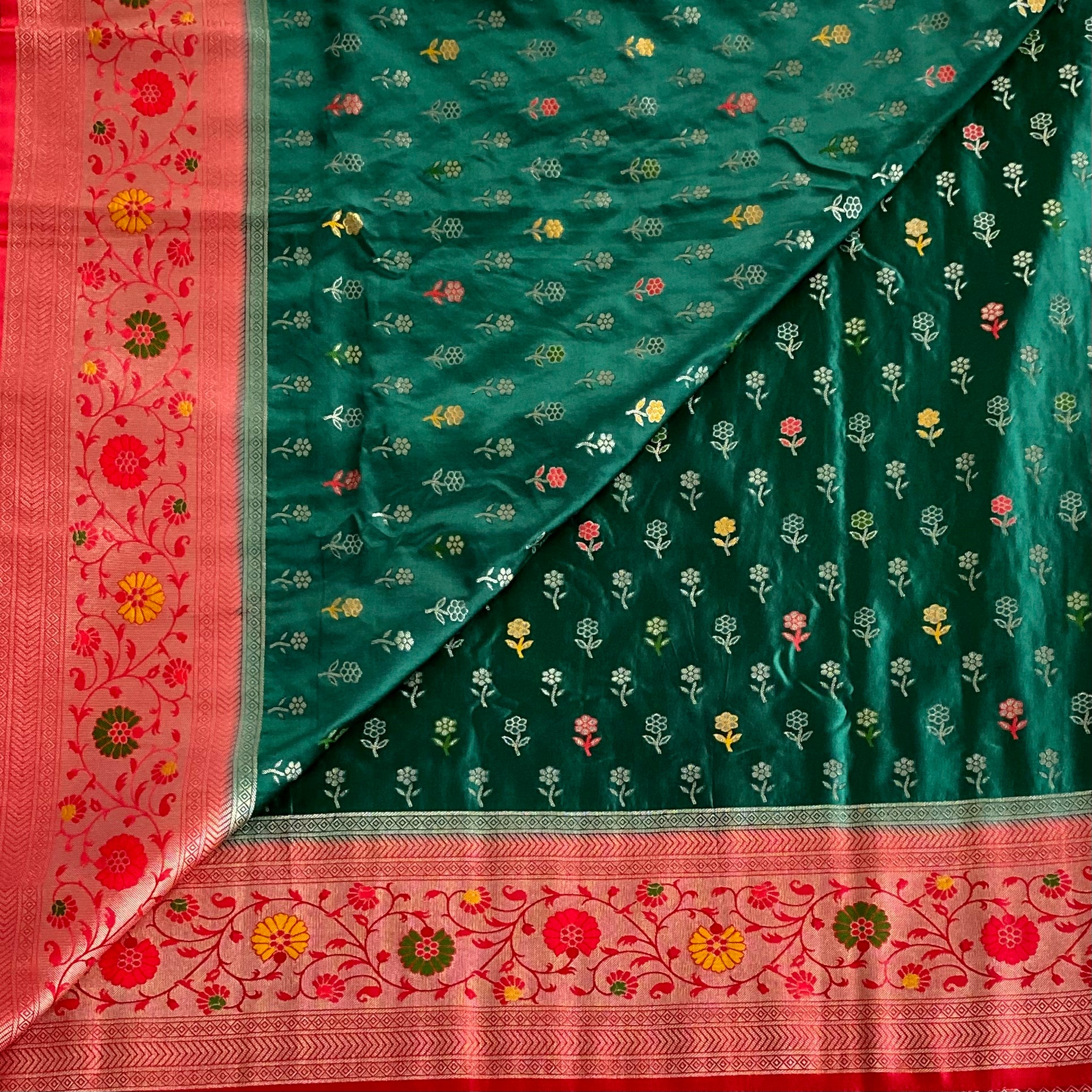 Crimson Fuchsia Paisley Silk Saree Forest Green Floral Border Elegant