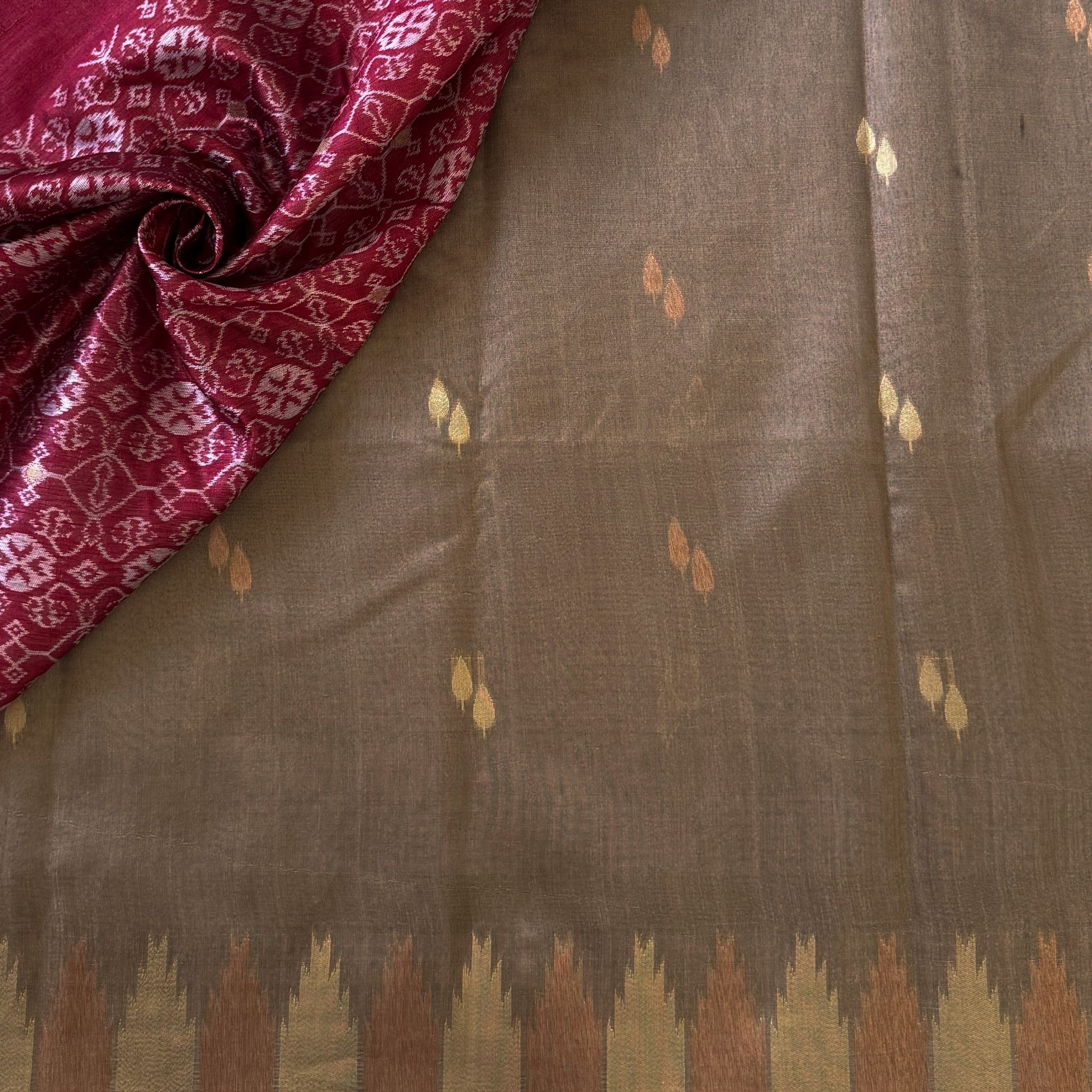 Deep Maroon Ikat Silk Saree Gold Zari Olive Pallu Border