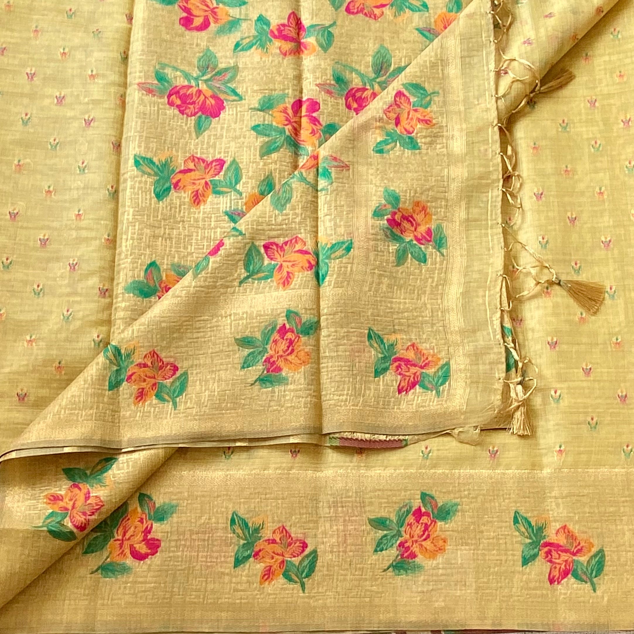 Elegant Mustard Floral Print Saree With Gold Sheen Tassels Design