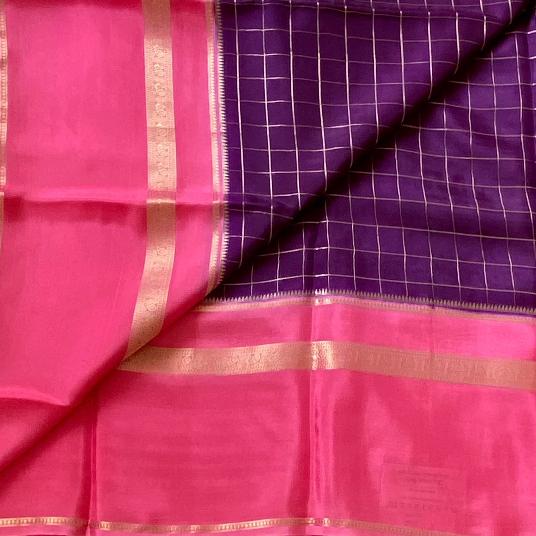 Royal Purple Fuchsia Lustrous soft crepe Gold Zari Checked Border Traditional