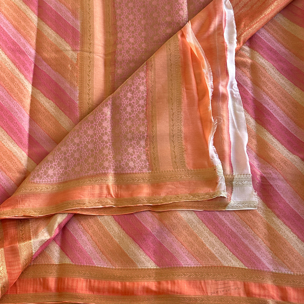 Coral Orange Silk Saree Rose Pink Stripes Gold Brocade Pallu