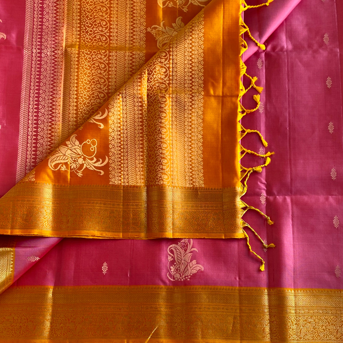 Metallic Rose And Mustard Orange Designer Pure Silk Saree With Zari Pallu