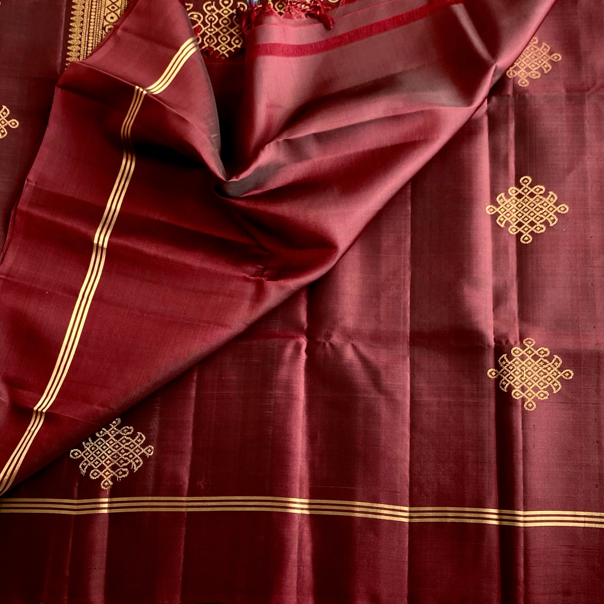 Deep Wine Brown Designer Pure Silk Saree With Antique Gold Zari
