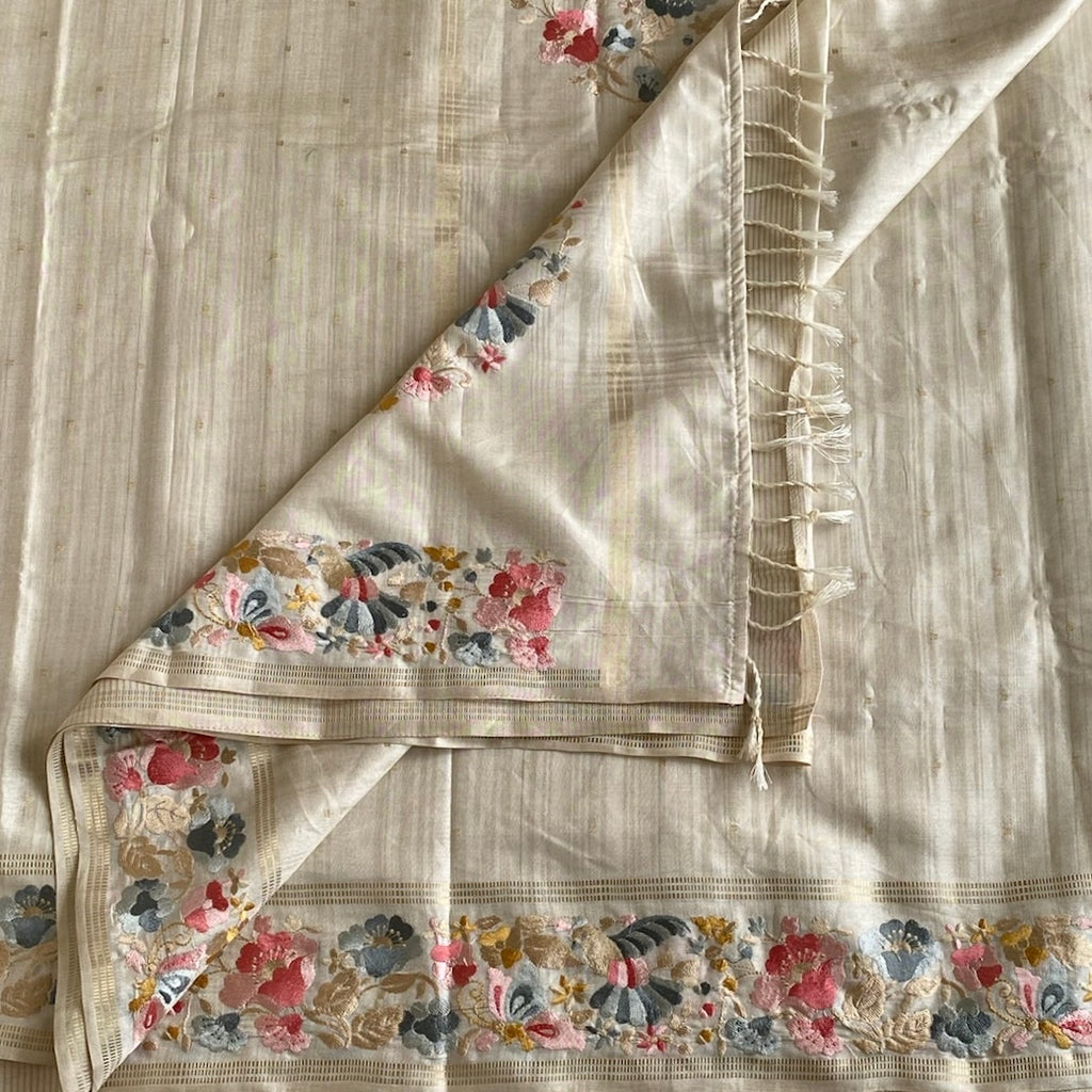 Pearl White Soft Tussar Silk Saree With Dusty Pink Floral Border