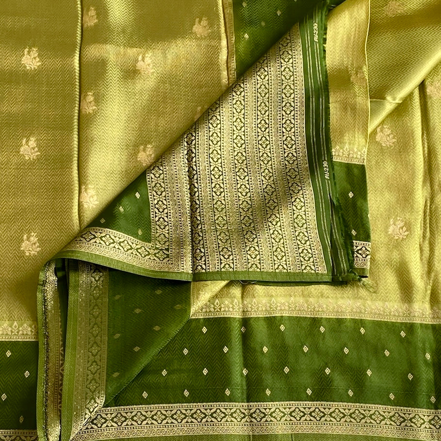 Lime Green Soft Blended Silk Saree With Olive Green Pallu