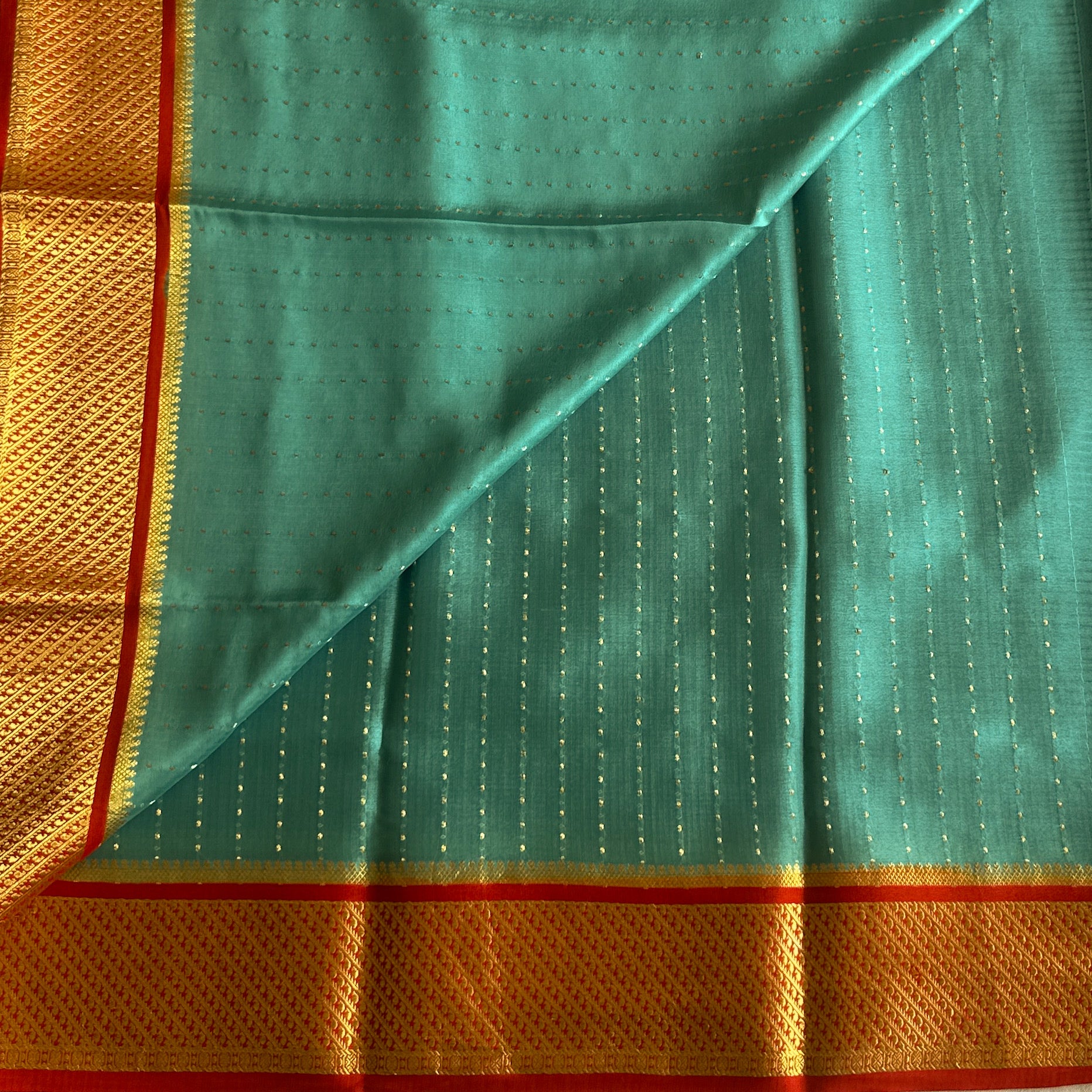 Turquoise Silk Saree Gold Dotted Stripes Vermilion Brocade Border Traditional