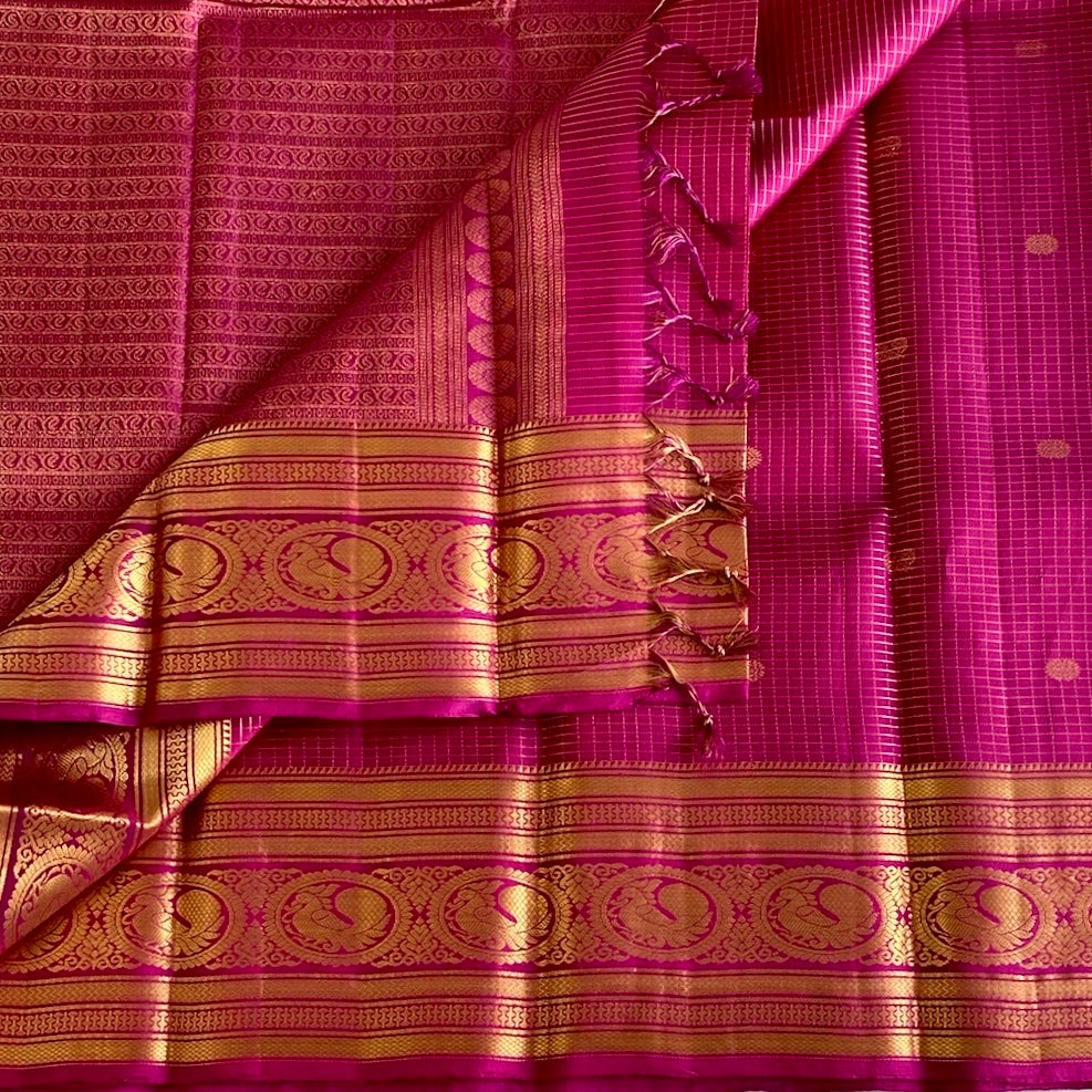 Fuchsia Gold Brocade Silk Saree With Medallion Border And Pallu