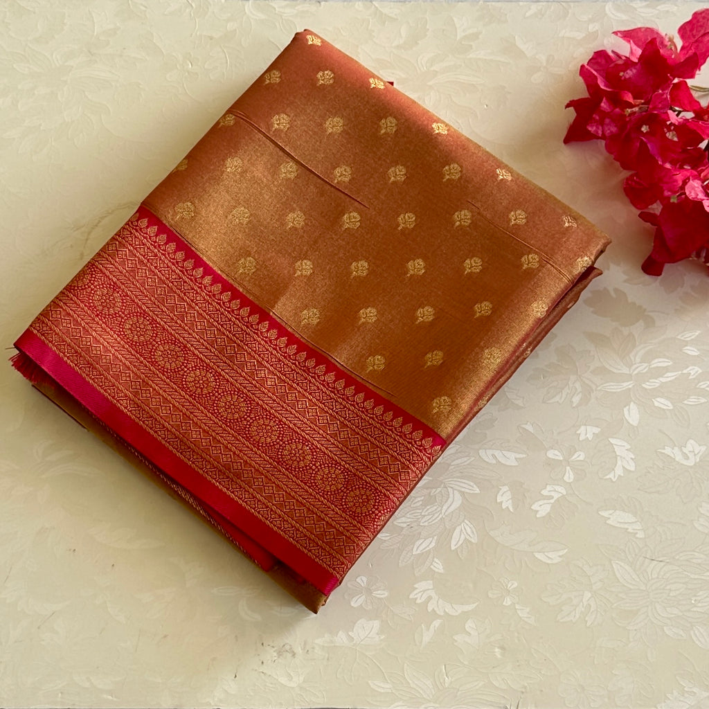 Rust Orange Silk Saree Gold Buti Magenta Brocade Border