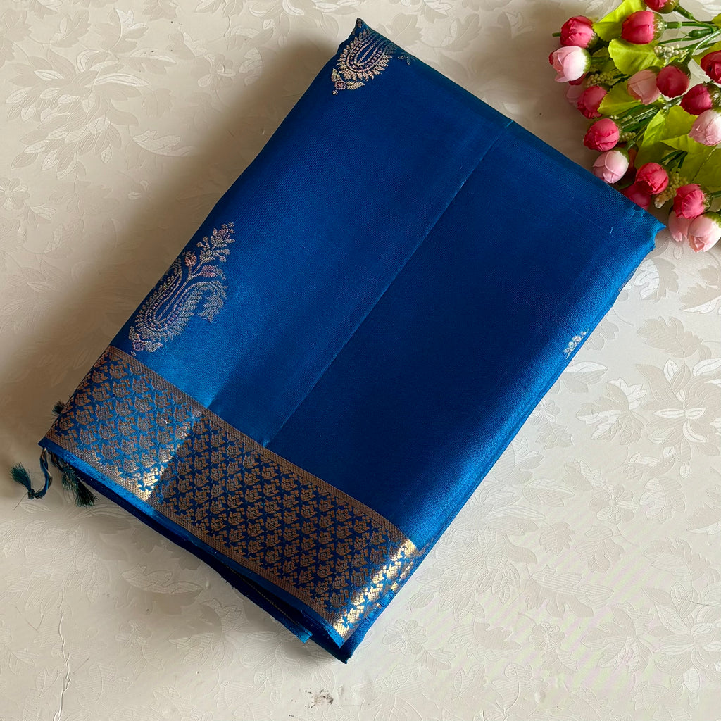 Peacock Teal Blue Designer Pure Silk Saree With Antique Gold Zari