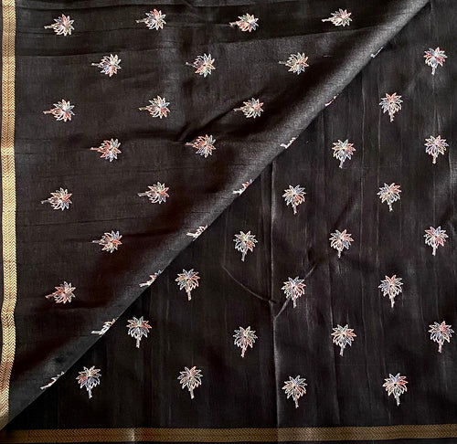 Black Embroidered Floral Saree Gold Striped Pallu Traditional Wear