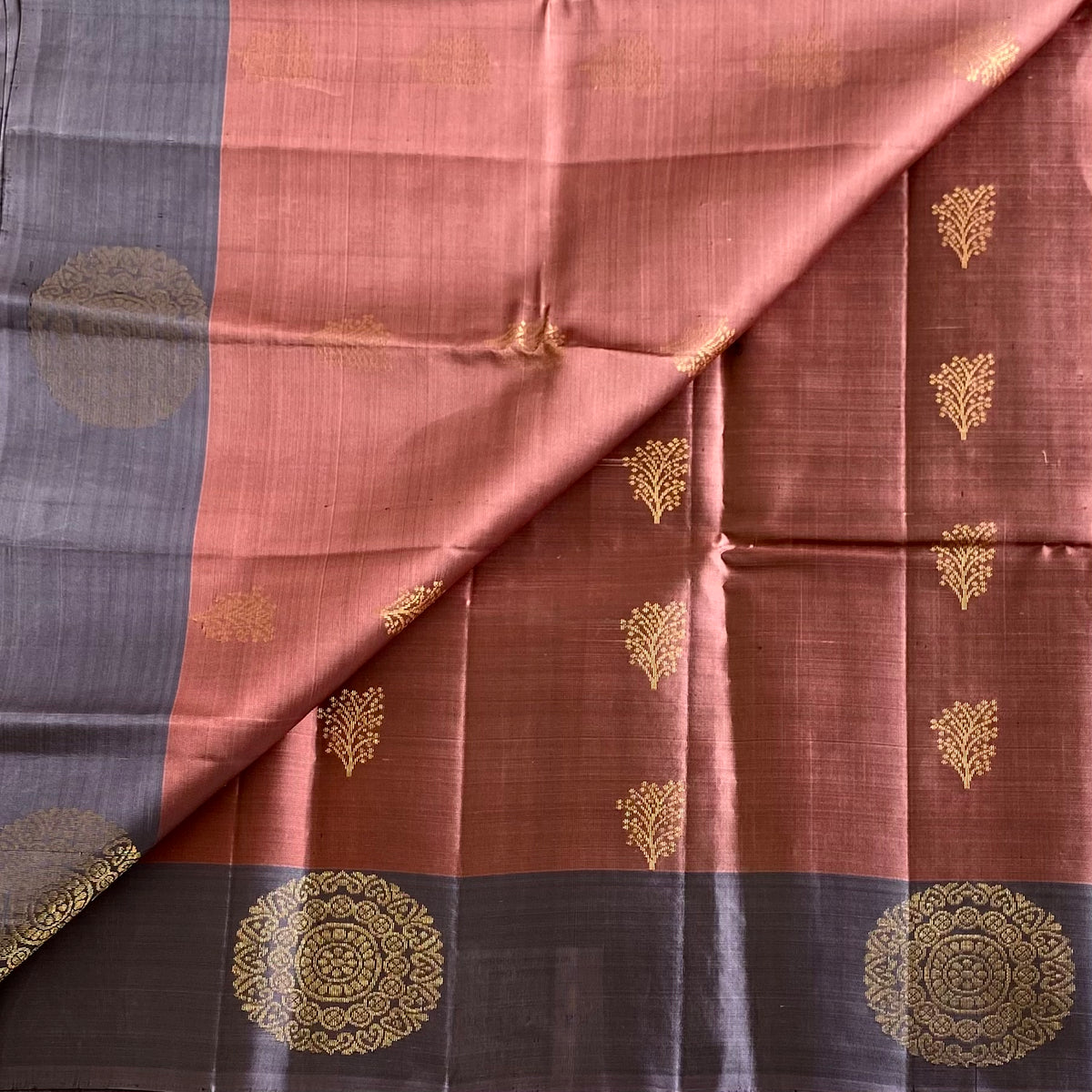 Dusky Mauve Designer Pure Silk Saree With Greyish Lavender Contrast